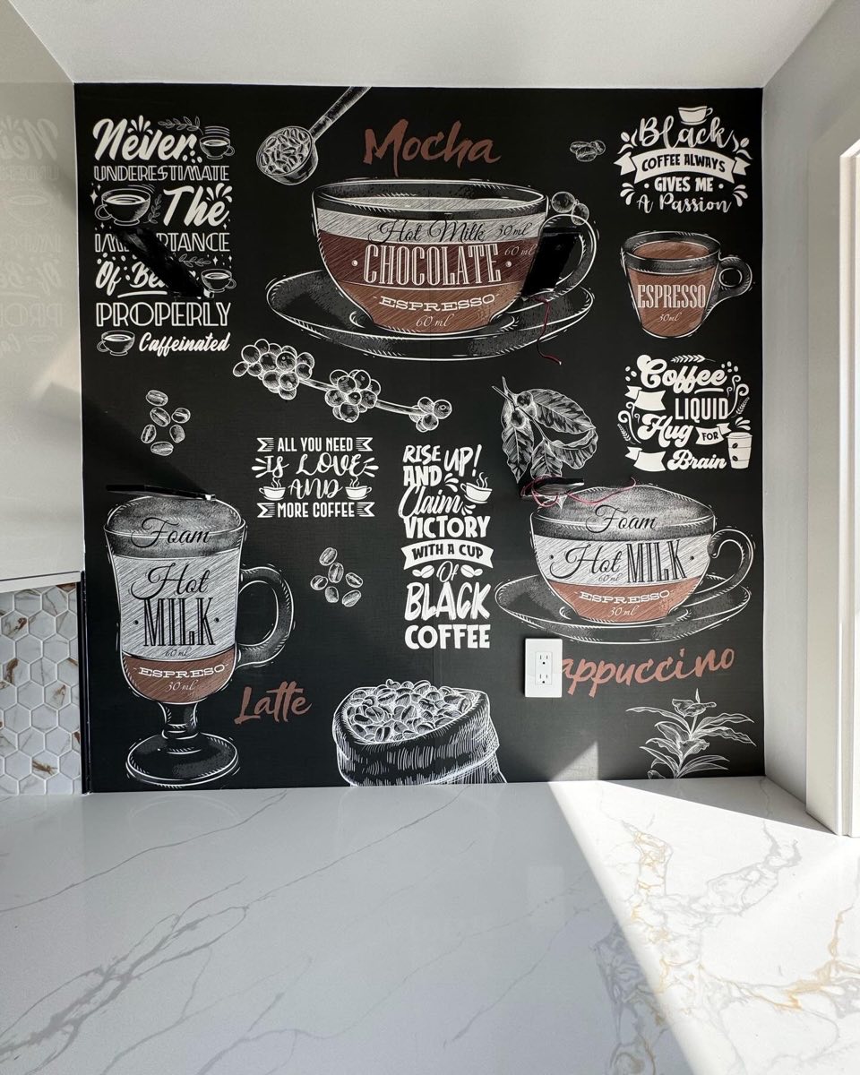 Close view of a black coffee mural with illustrated cups and lettering